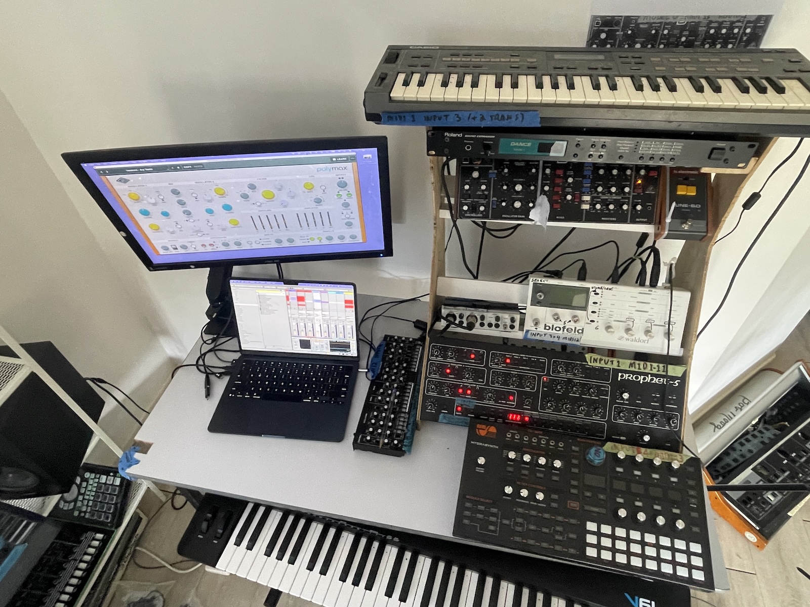 Tenalock's studio with Polymax, Hydrasynth and vintage synth gear